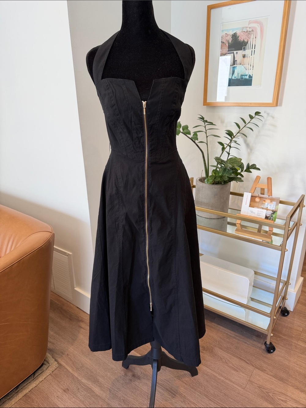 Anthropologie Black Halter Midi Dress with Front Zip Detail